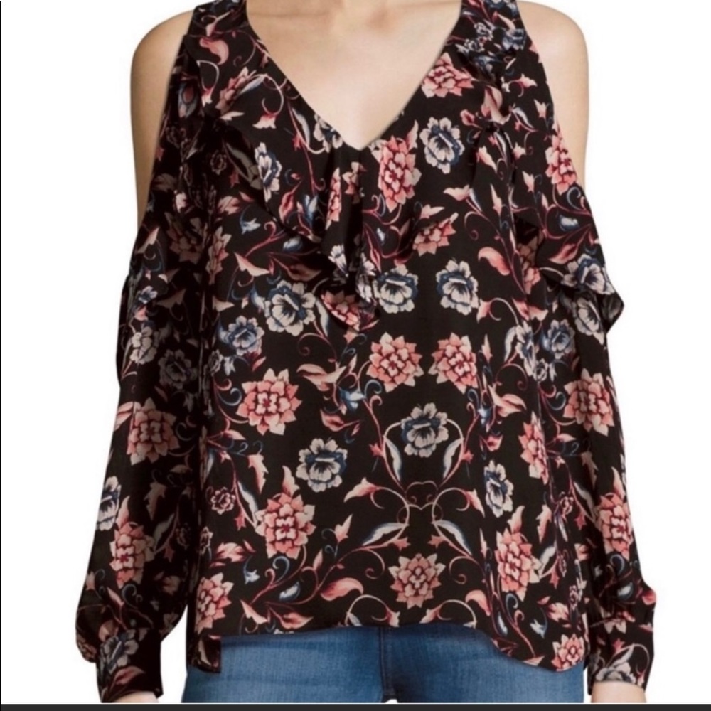 Parker Roland Floral Cold Shoulder Blouse size Small-Black, Pink, Blue
